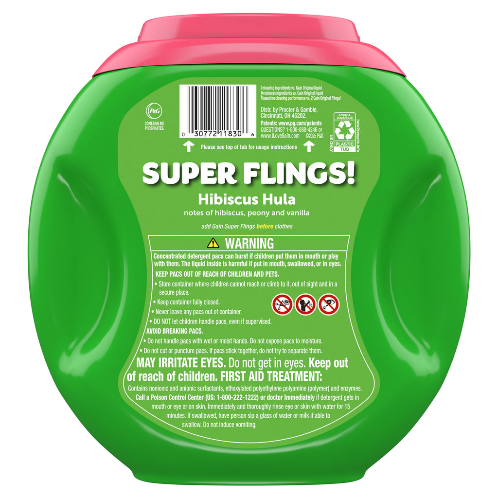 Gain Plus Flings Laundry Detergent Pacs All-In-One Happy Hibiscus Scent 32 Count