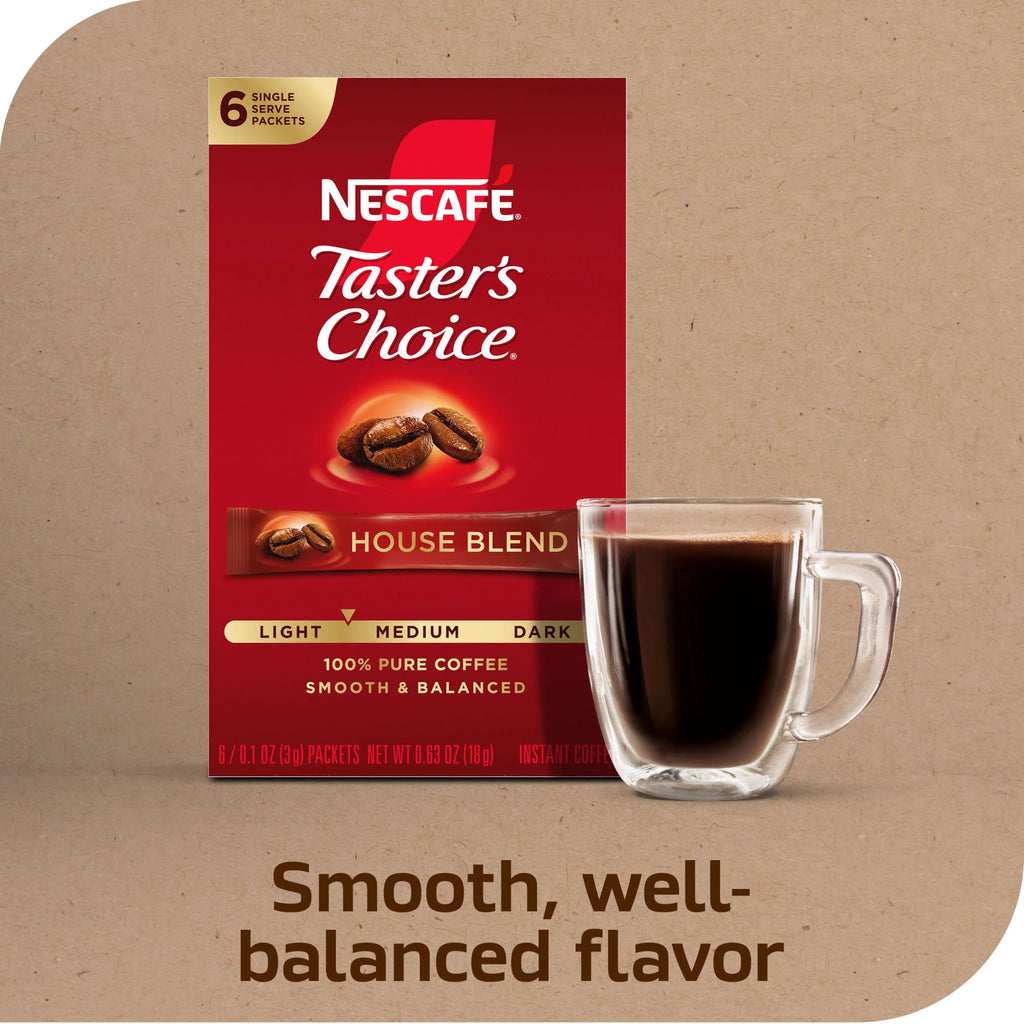 NESCAFÉ Taster's Choice House Blend Naturally Caffeinated Light Medium Roast Instant Coffee 6 Packets 0.63 oz Box