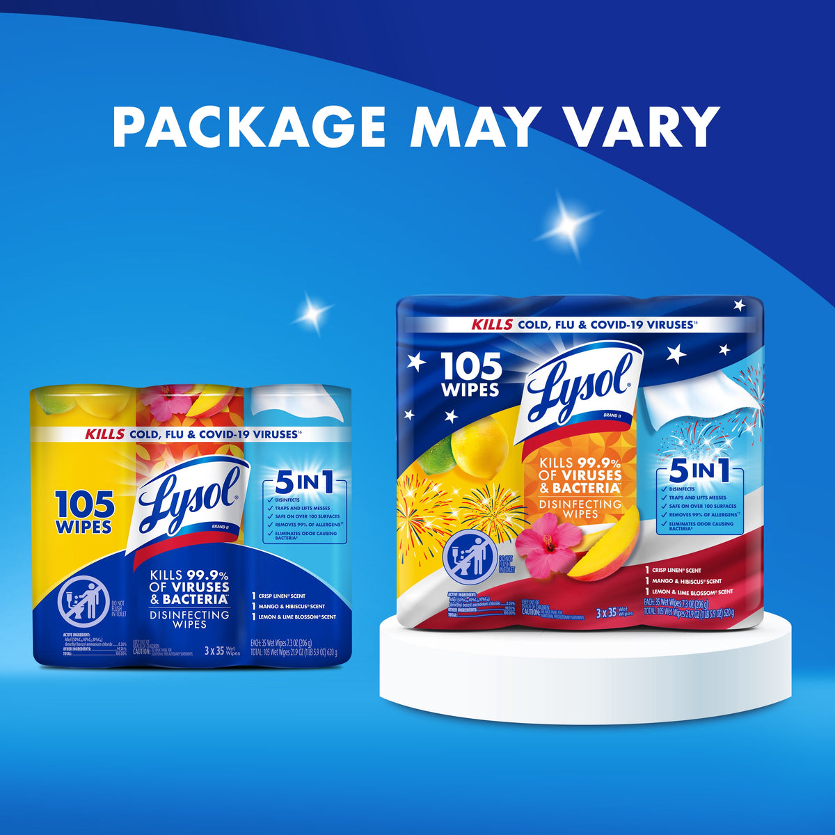 Lysol Disinfecting Wipes Lemon Mango & Hibiscus Crisp Linen Scent 35 Count Pack of 3