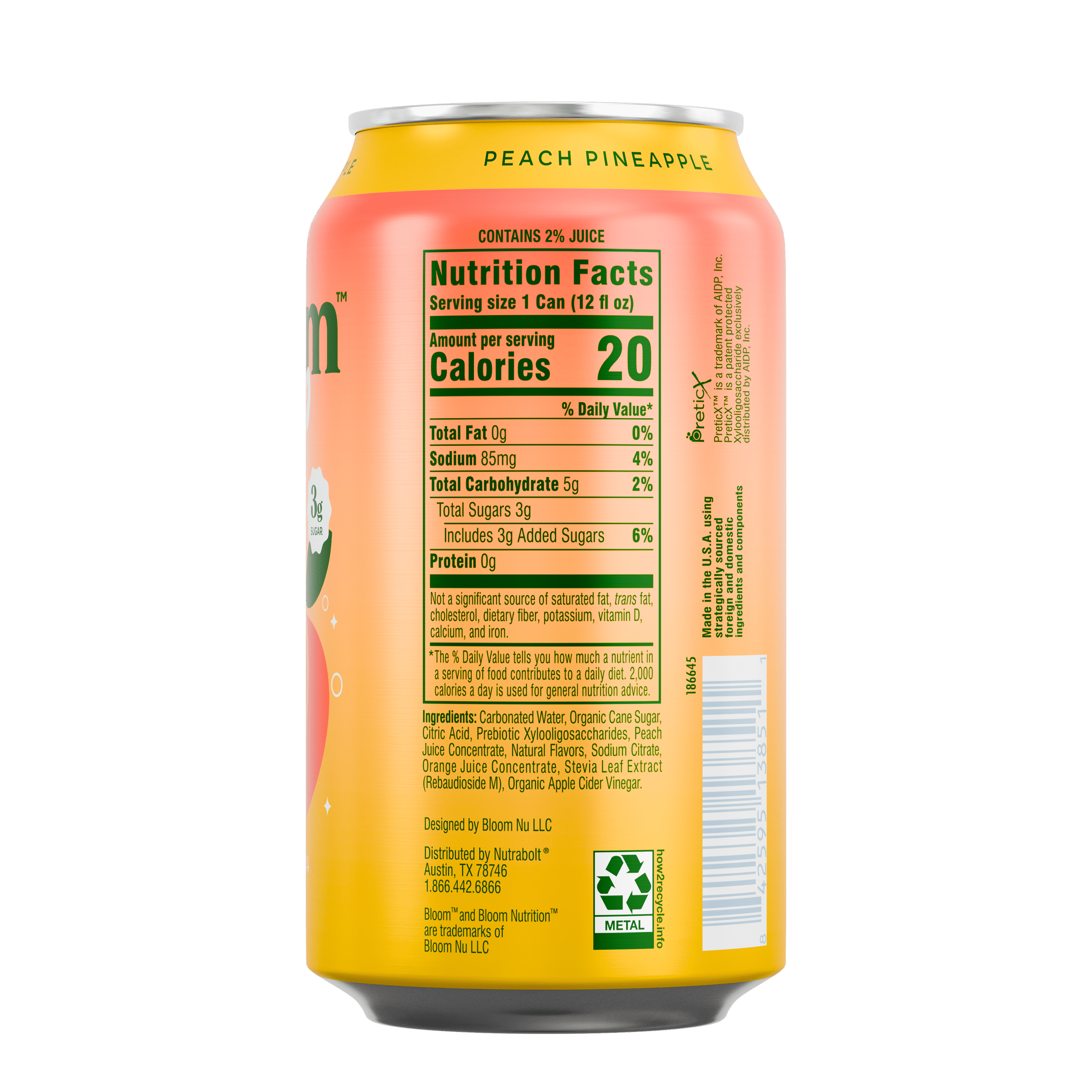Bloom Nutrition Pop Prebiotic Soda Peach Pineapple Can 12 Fl Oz