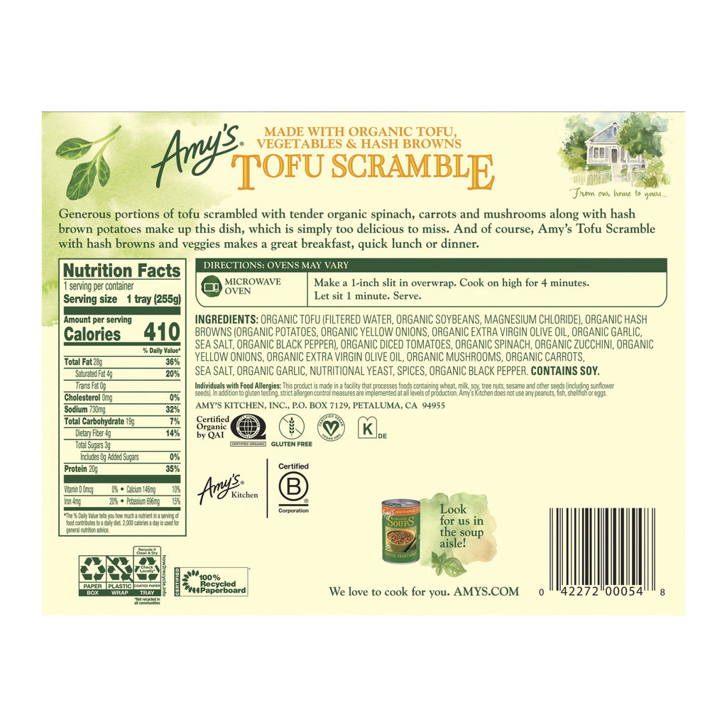 Amy's Kitchen Tofu Scramble Plant-Based Frozen Meal 9 Oz