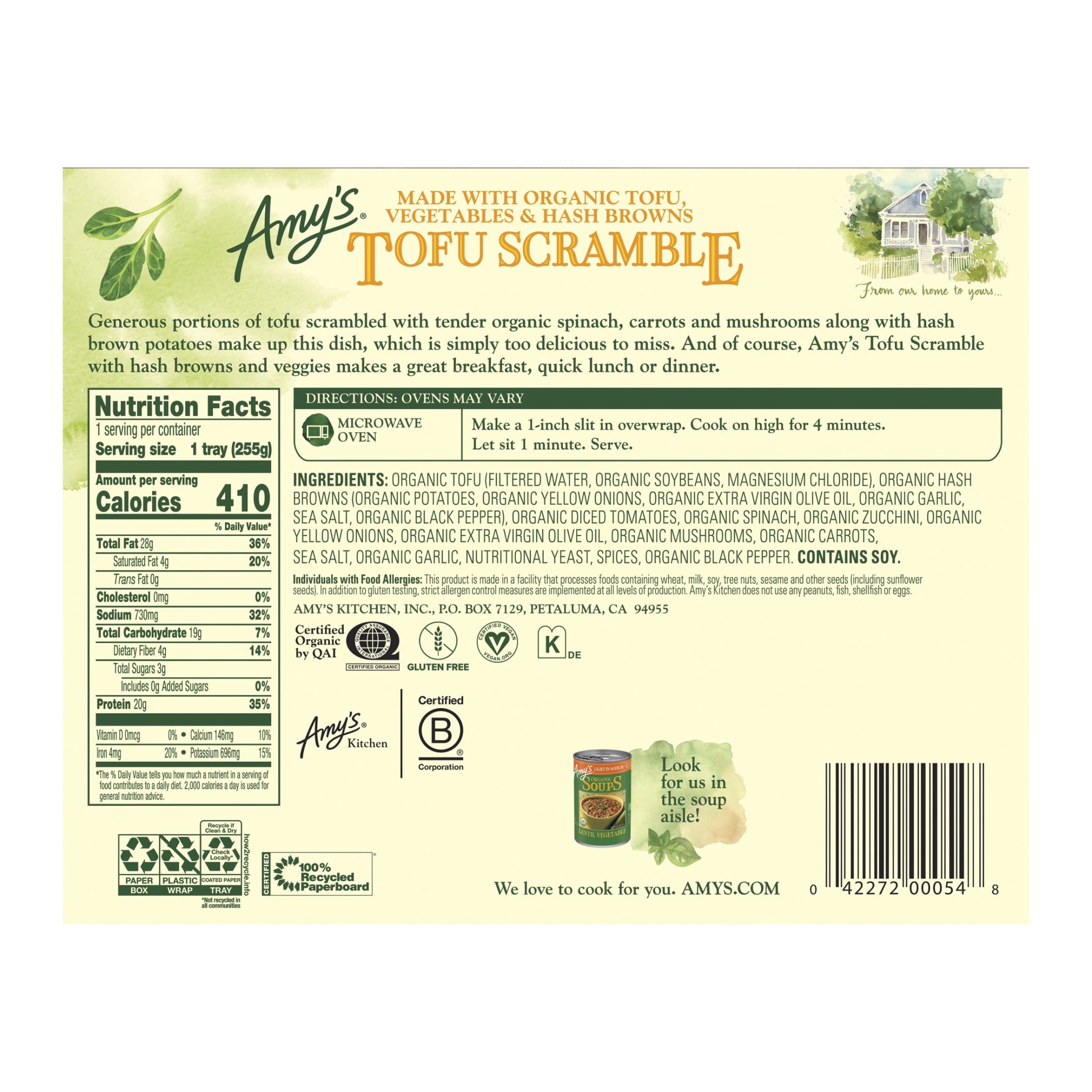 Amy's Kitchen Tofu Scramble Plant-Based Frozen Meal 9 Oz