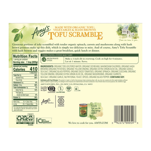 Amy's Kitchen Tofu Scramble Plant-Based Frozen Meal 9 Oz