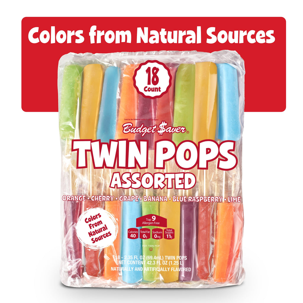 Budget Saver Twin Pops Cherry Banana Grape Orange Assorted 18 Count 42.3 Fl Oz