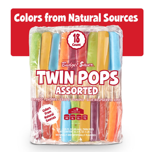 Budget Saver Twin Pops Cherry Banana Grape Orange Assorted 18 Count 42.3 Fl Oz