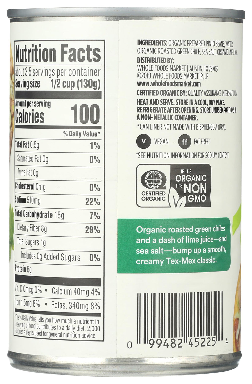 Organic Refried Beans Roasted Chili & Lime 16 Oz 365 By Whole Foods Market