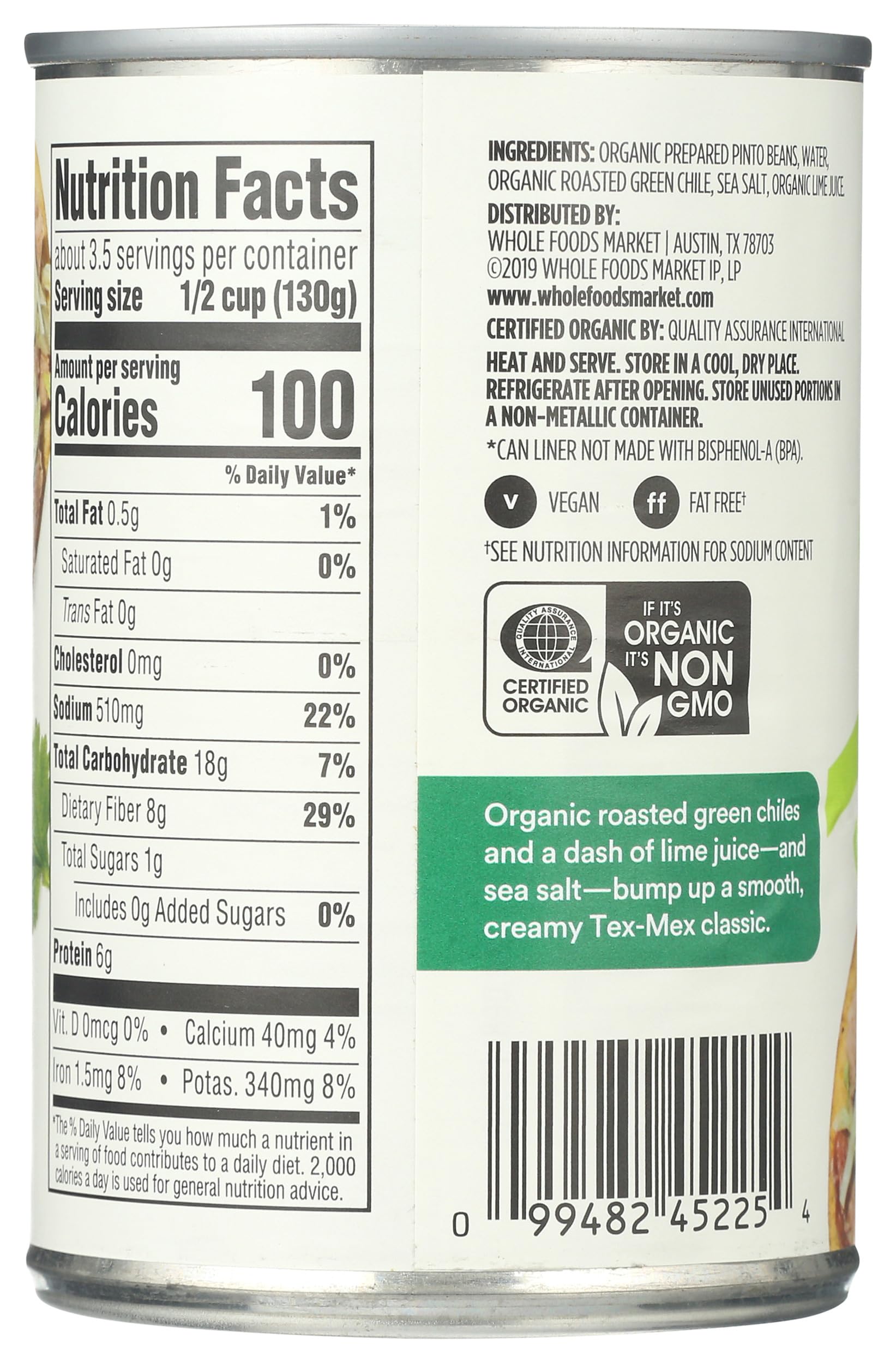 Organic Refried Beans Roasted Chili & Lime 16 Oz 365 By Whole Foods Market