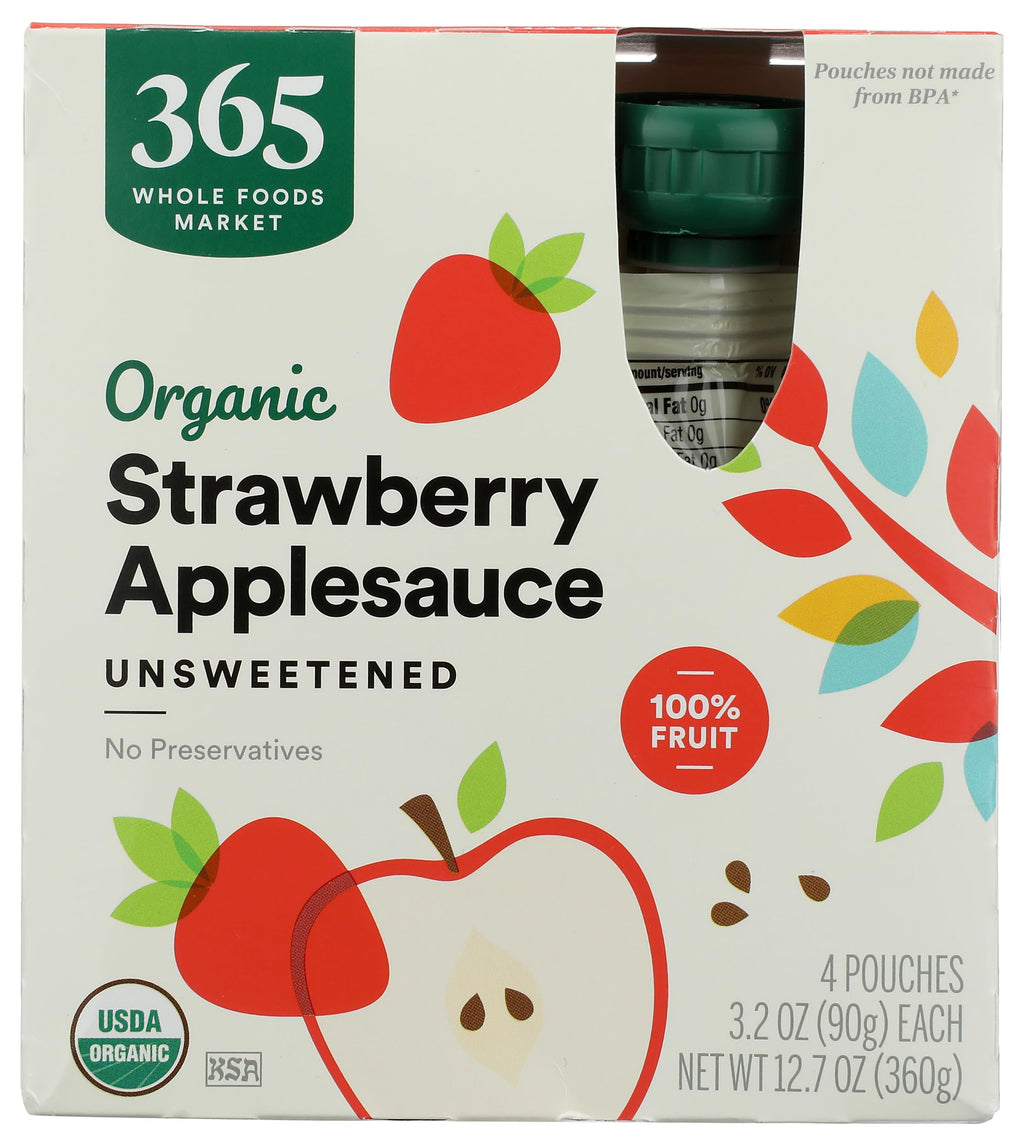 Organic Strawberry Applesauce Pouches Unsweetened 3.2 Oz 4 Ct 365 By Whole Foods Market