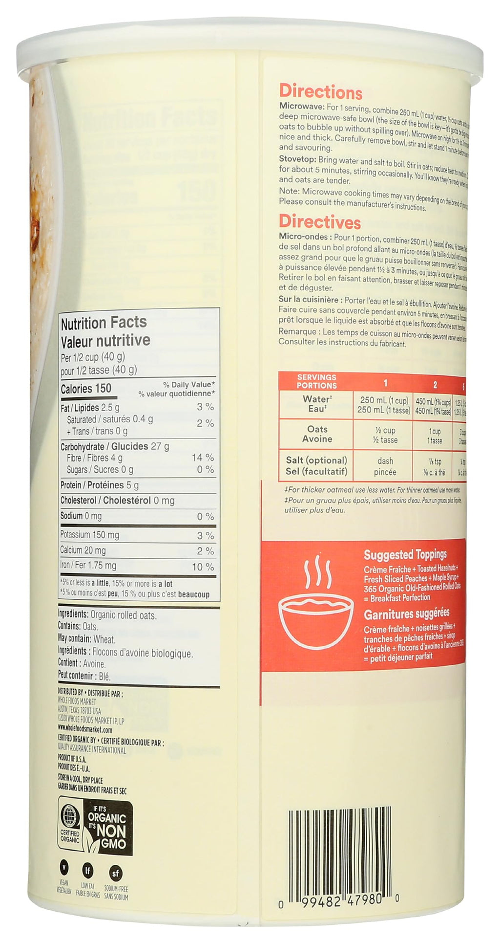 Organic Old-Fashioned Rolled Oats 42 Oz 1 Count 365 By Whole Foods Market