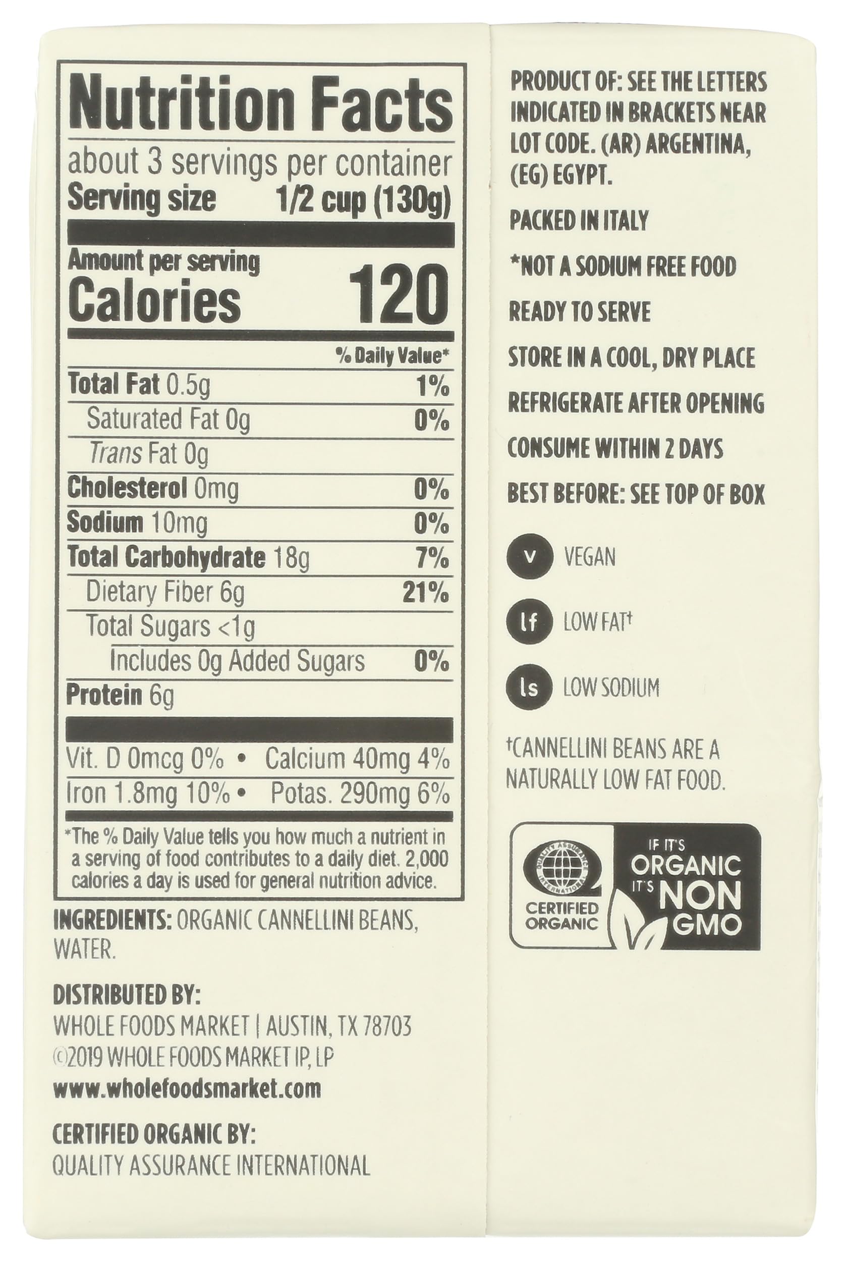Organic Unsalted Cannellini Beans 13.4 Oz 365 By Whole Foods Market