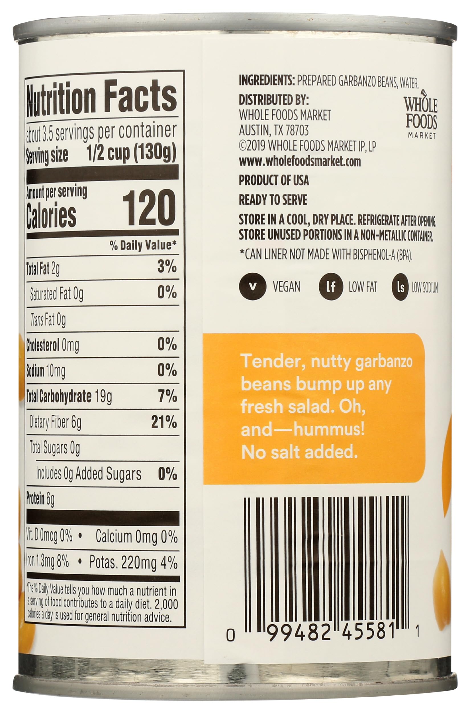 Unsalted Garbanzo Beans 15.5 Oz 365 By Whole Foods Market