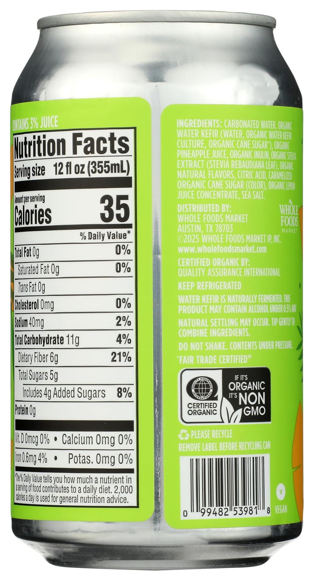 Organic Caramelized Pineapple Prebiotic Soda 12 Fl Oz 365 By Whole Foods Market