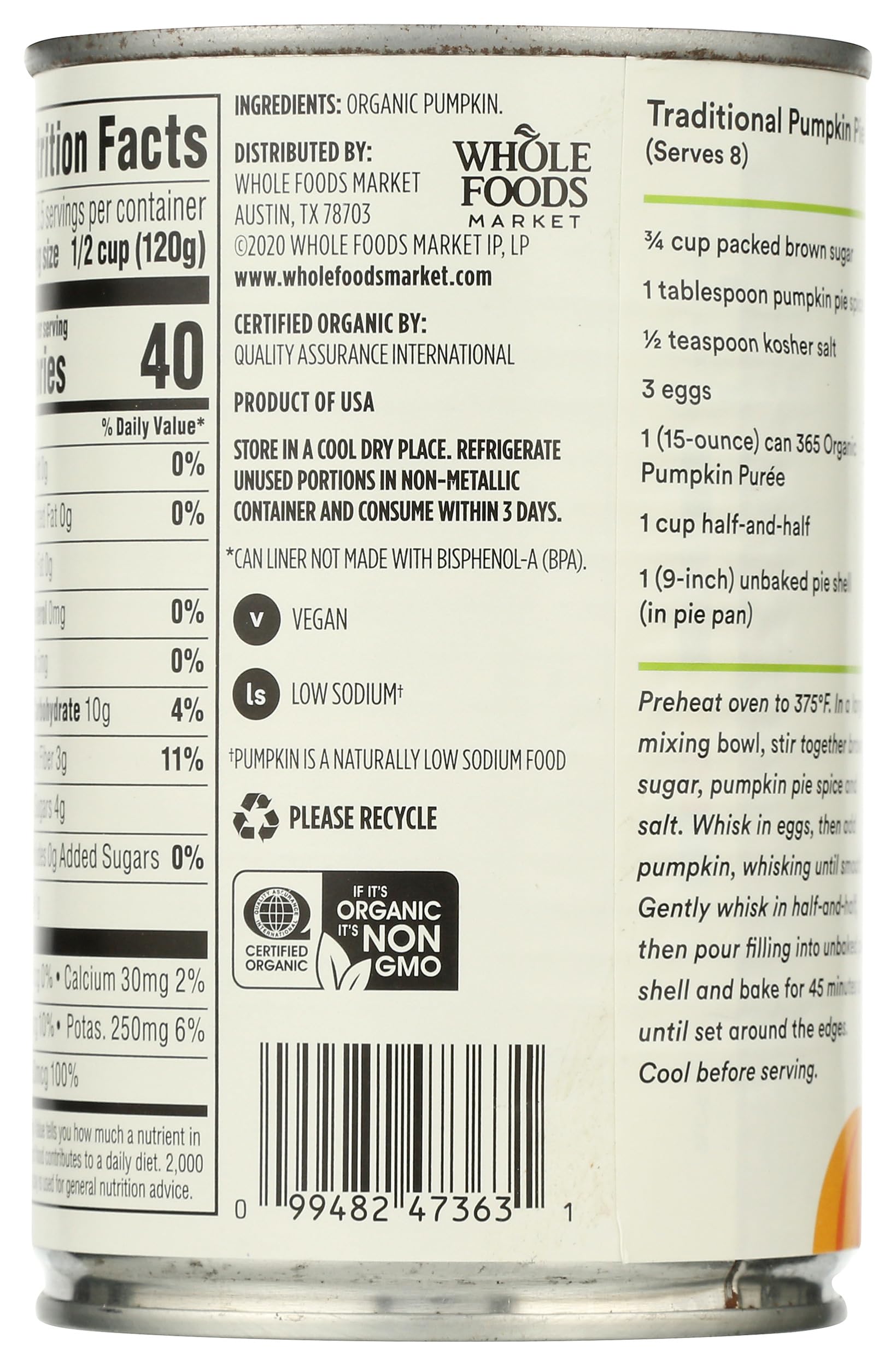 Organic Pumpkin Puree 15 Oz 365 By Whole Foods Market