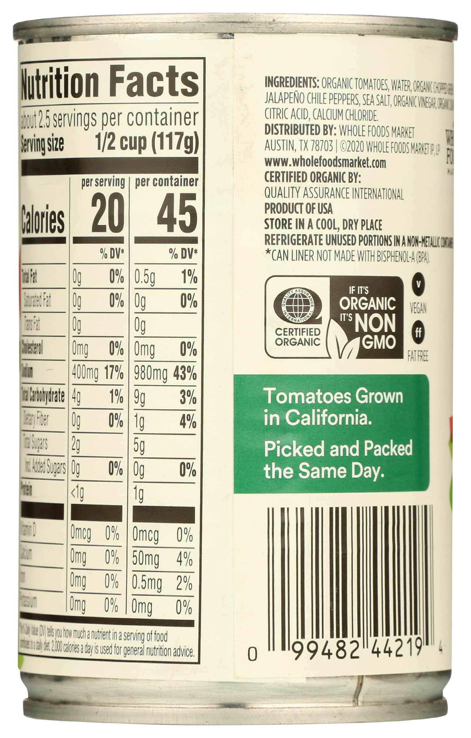 Organic Petite Diced Tomatoes With Jalapeno & Cilantro 10 Oz 365 By Whole Foods Market