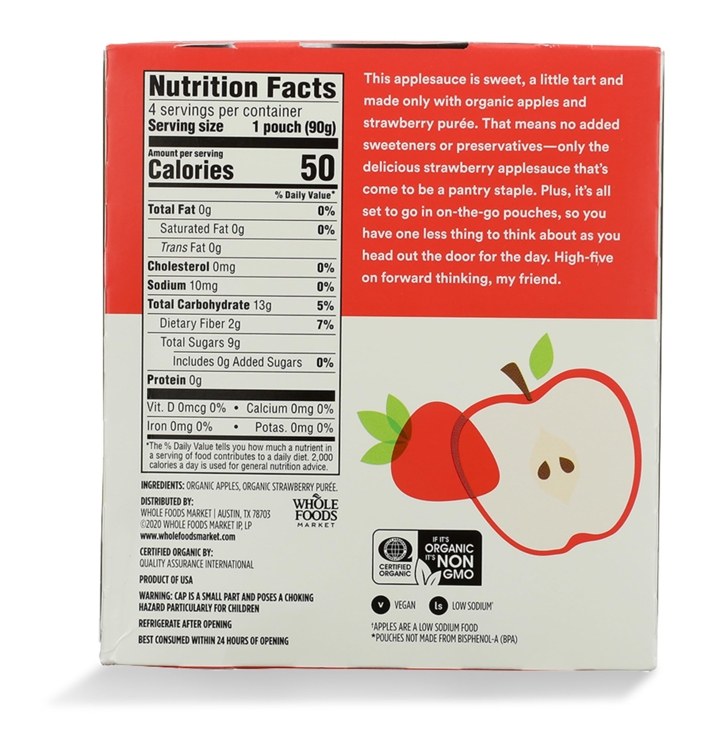 Organic Strawberry Applesauce Pouches Unsweetened 3.2 Oz 4 Ct 365 By Whole Foods Market