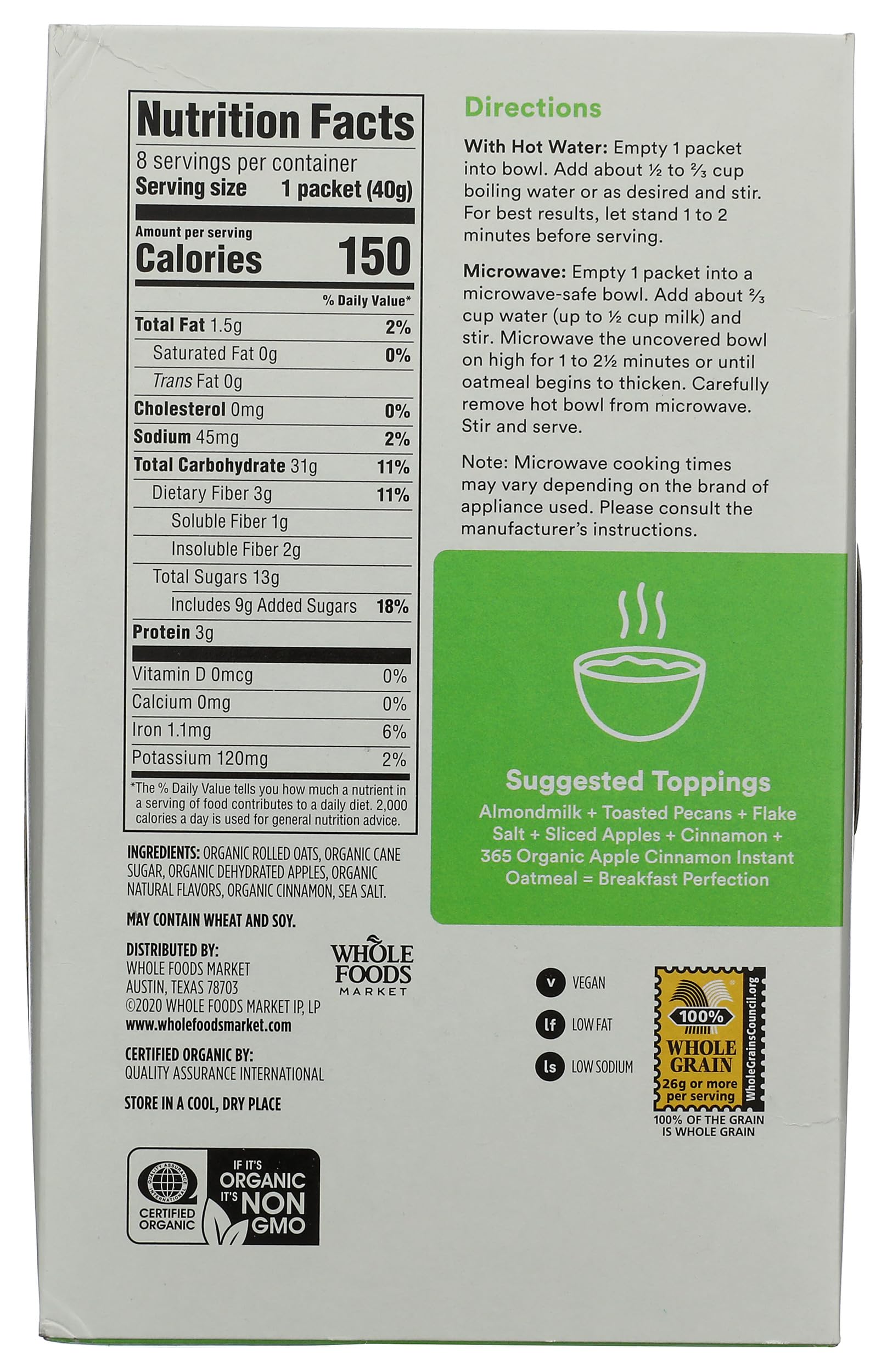 Organic Instant Oatmeal Apple Cinnamon 1.41 Oz Packets Pack Of 8 365 By Whole Foods Market