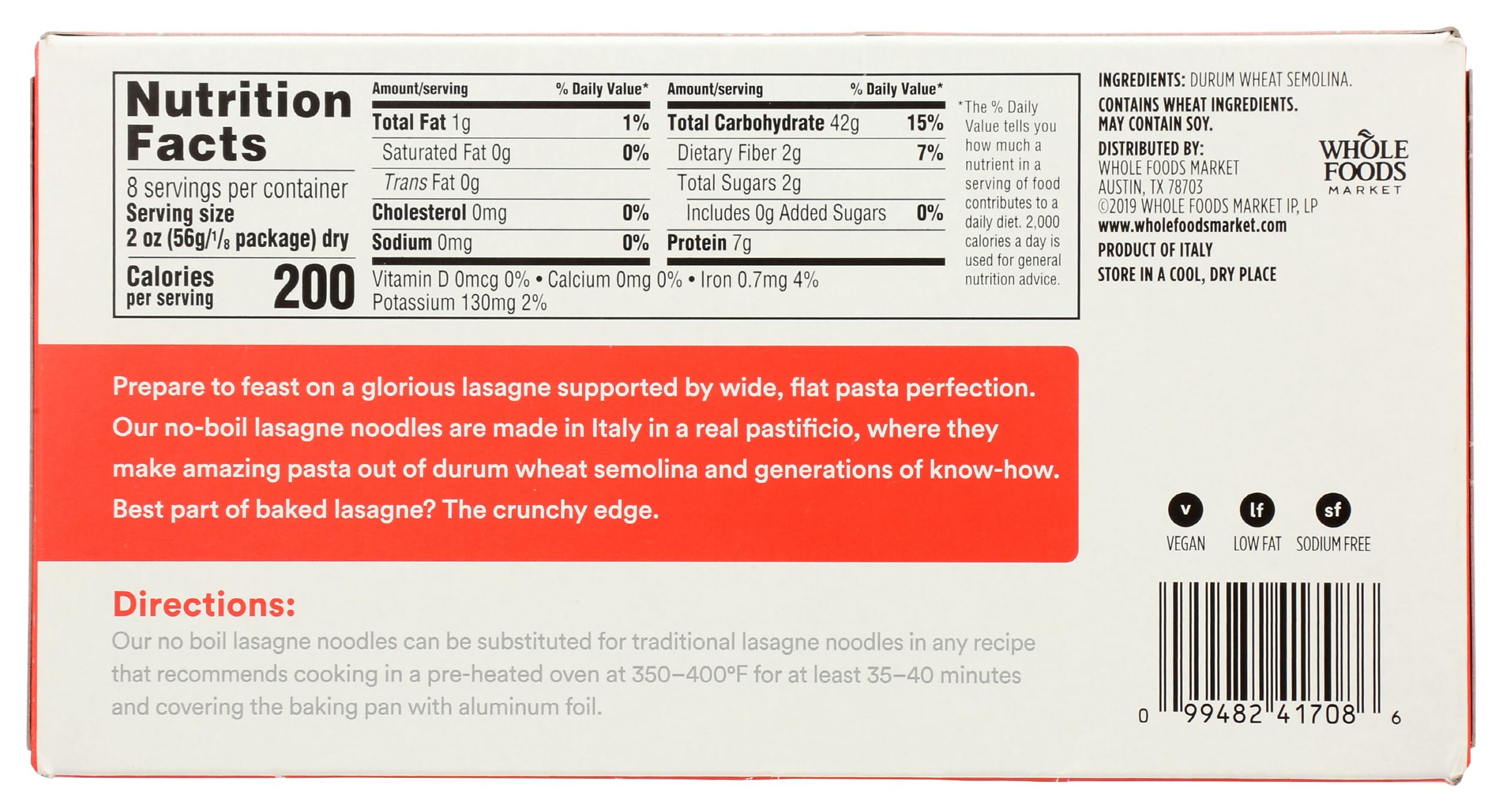 No Boil Lasagne 16 Oz 365 By Whole Foods Market