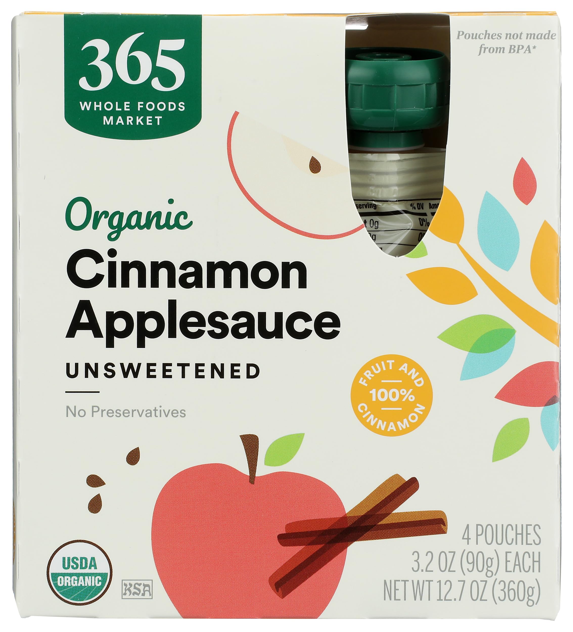 Organic Cinnamon Applesauce Pouches Unsweetened 3.2 Oz 4 Ct 365 By Whole Foods Market