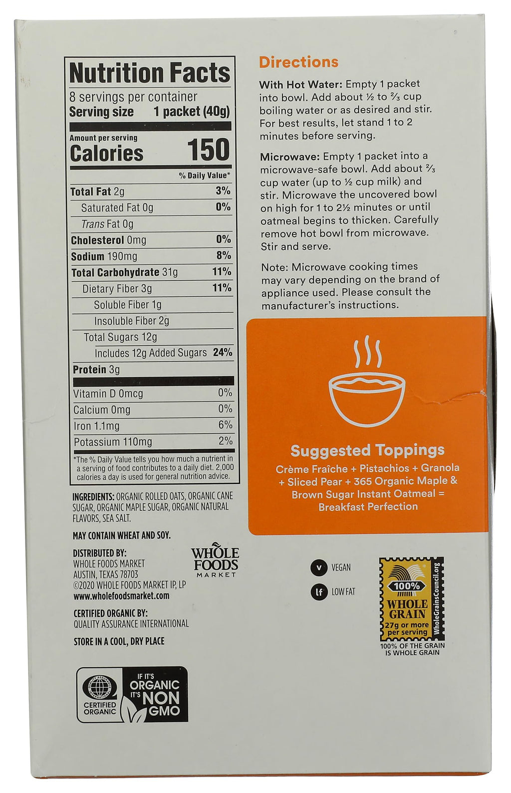 Organic Instant Oatmeal Maple & Brown Sugar 1.41 Oz 365 By Whole Foods Market
