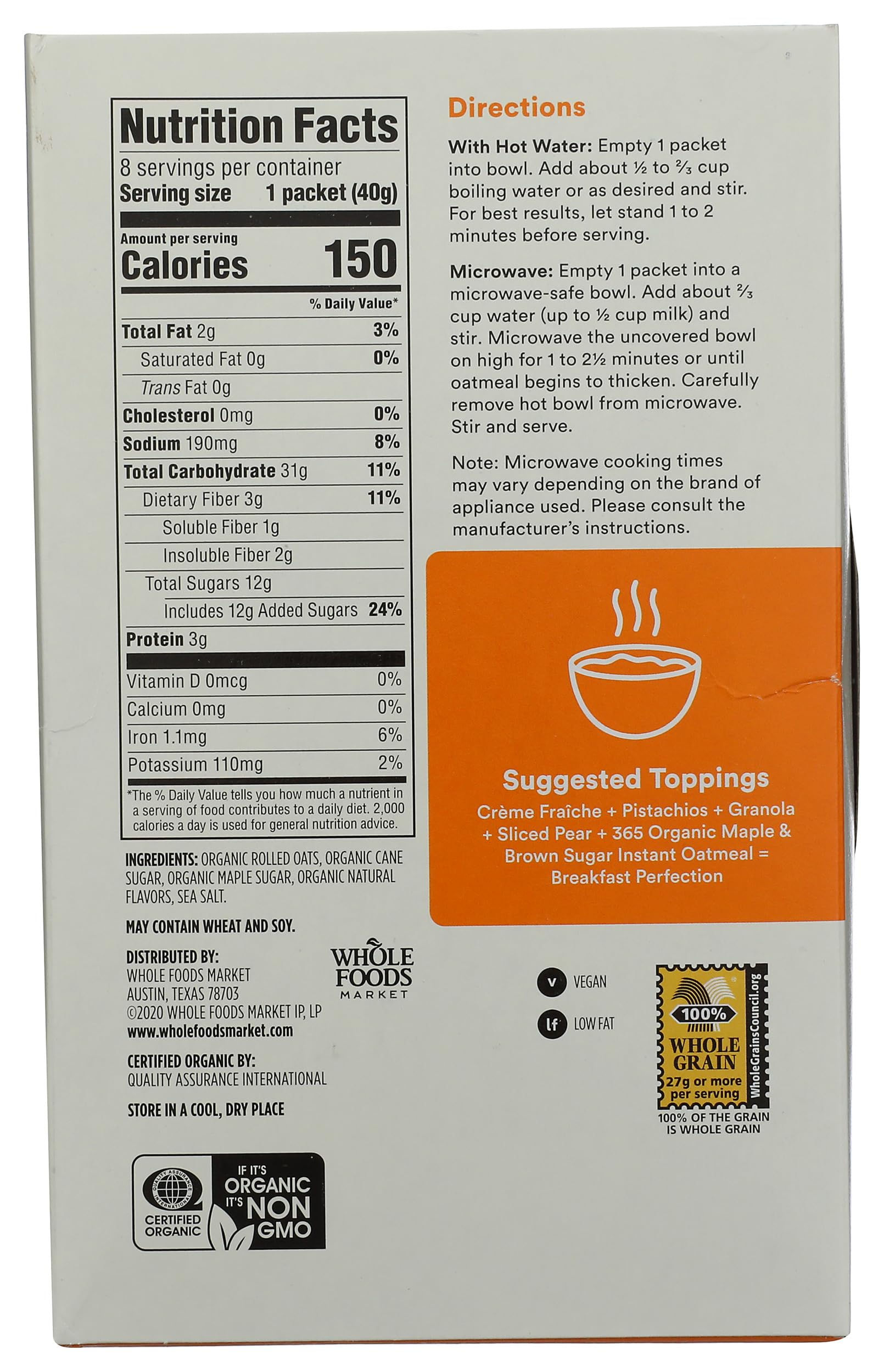 Organic Instant Oatmeal Maple & Brown Sugar 1.41 Oz 365 By Whole Foods Market