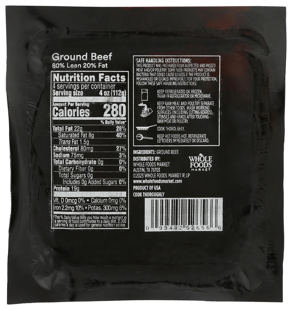 Ground Beef 80% Lean/20% Fat 16 Oz 1 Count 365 By Whole Foods Market