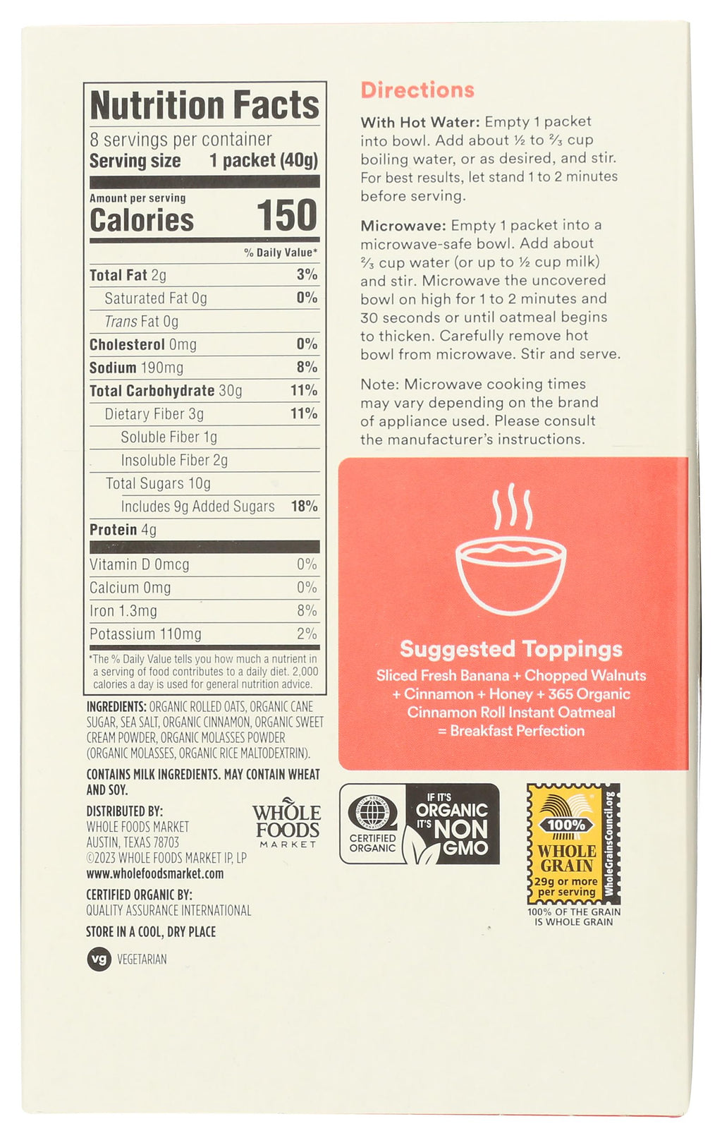 Organic Instant Oatmeal Cinnamon Roll Flavor 11.3 Oz 365 By Whole Foods Market