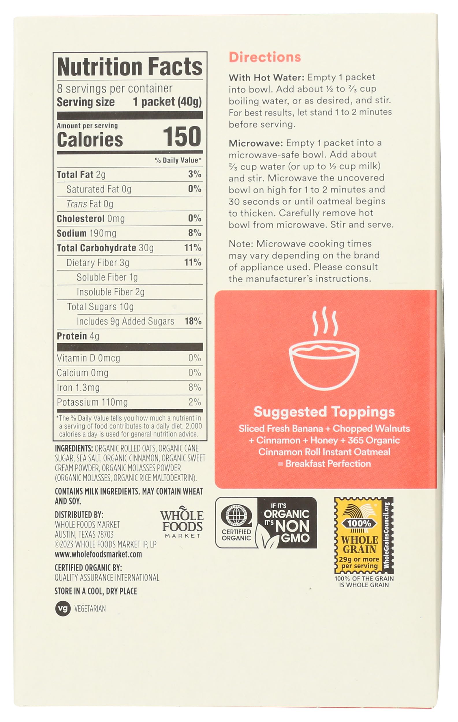 Organic Instant Oatmeal Cinnamon Roll Flavor 11.3 Oz 365 By Whole Foods Market