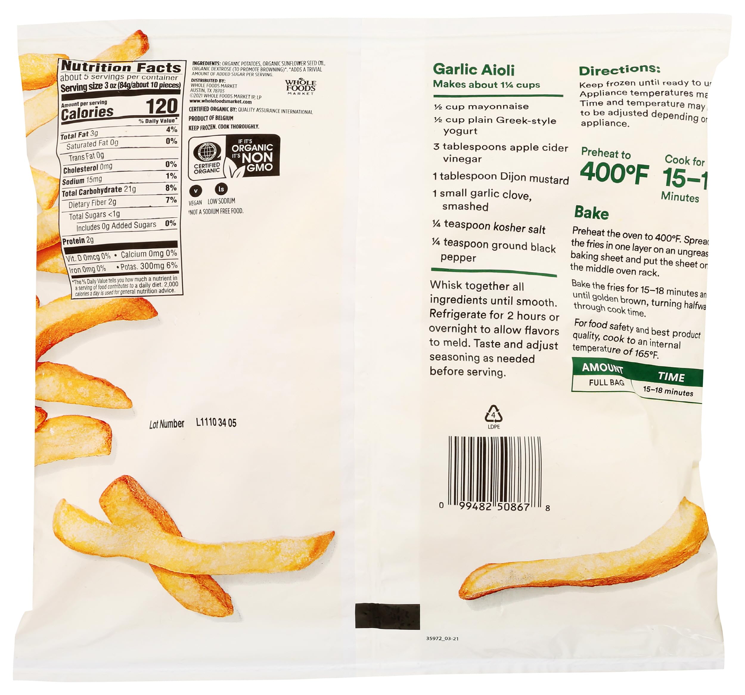 Organic Straight Cut Fries 16 Oz 365 By Whole Foods Market