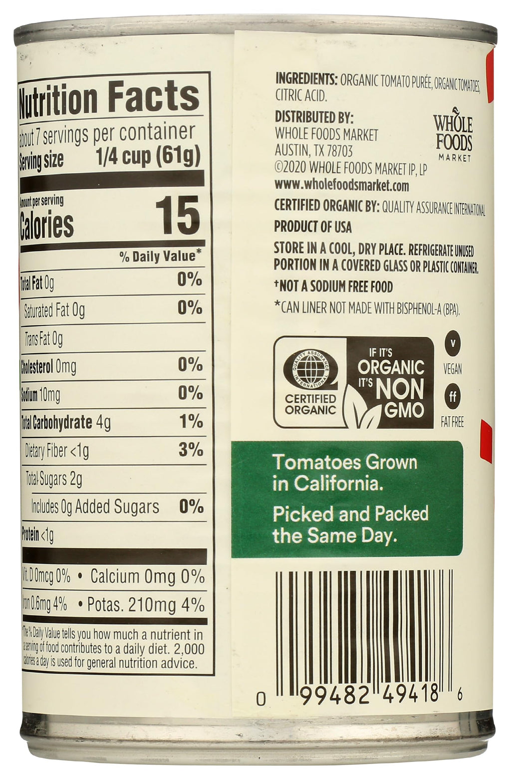 Organic Crushed Tomatoes No Salt Added 15 Oz 365 By Whole Foods Market