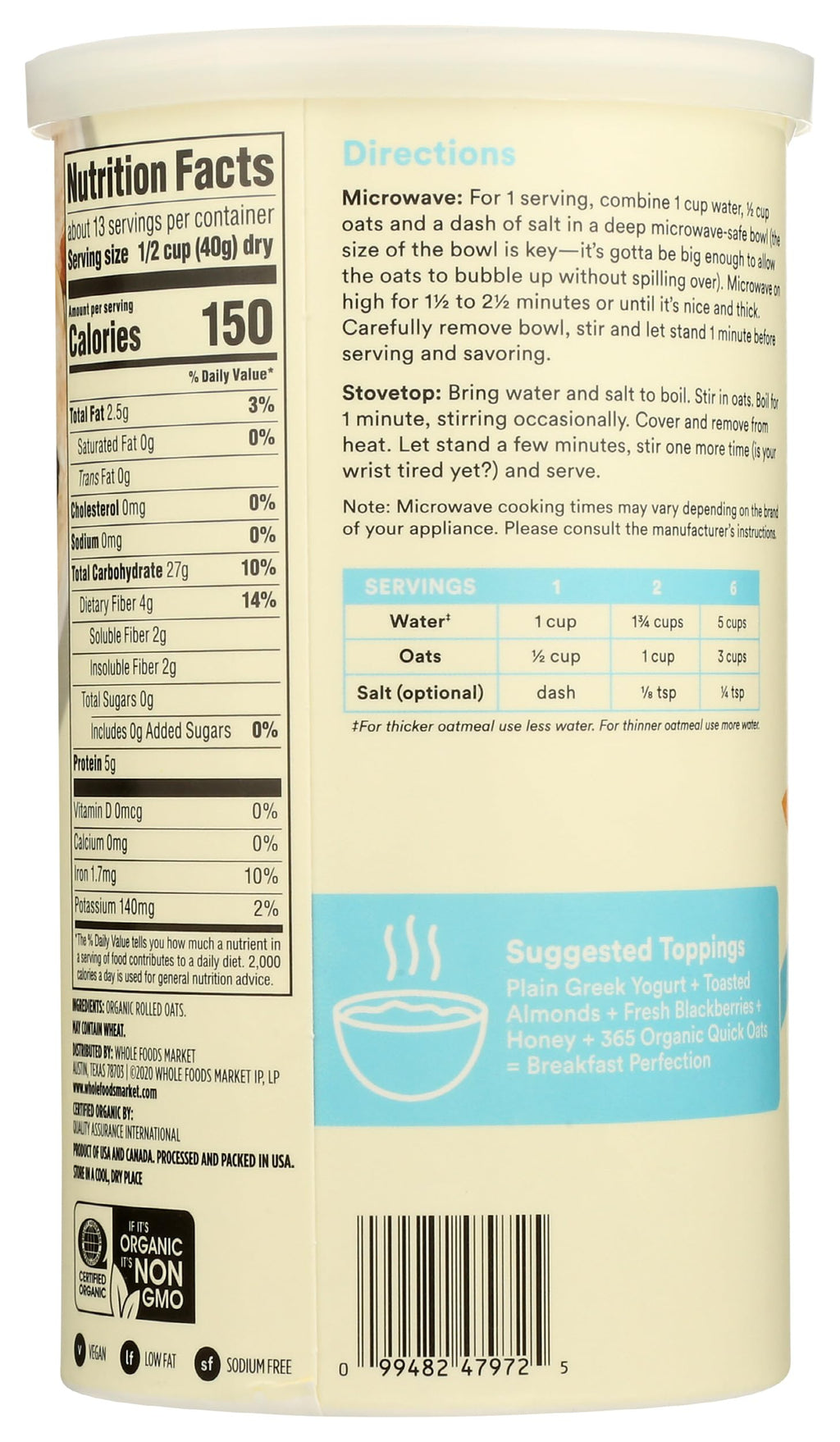 Organic Rolled Quick Oats 18 Oz 365 By Whole Foods Market