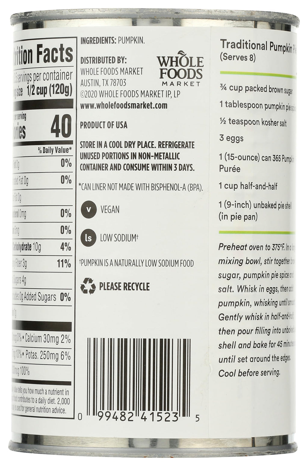 Pumpkin Puree 15 Oz 365 By Whole Foods Market