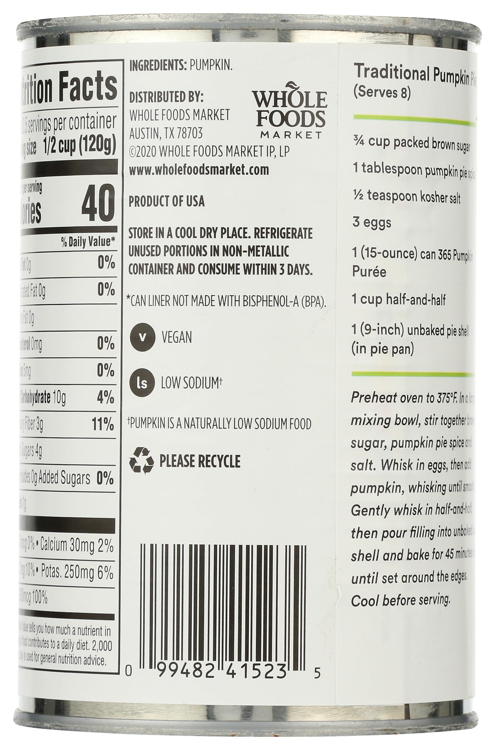 Pumpkin Puree 15 Oz 365 By Whole Foods Market