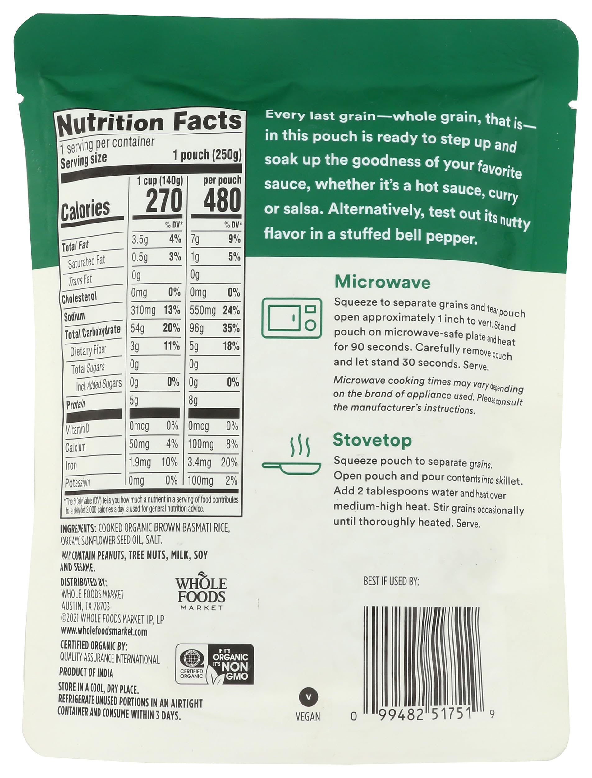 Organic Brown Basmati Rice 8.8 Oz 365 By Whole Foods Market