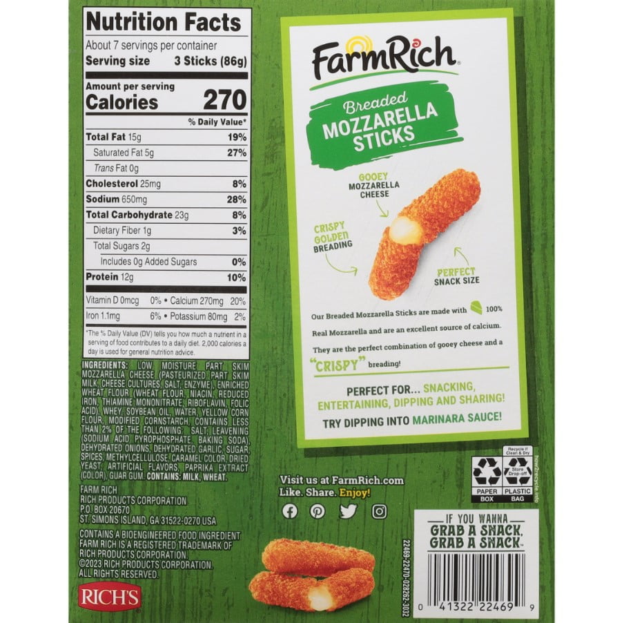 Farm Rich Breaded Mozzarella Cheese Sticks Frozen 22 Oz