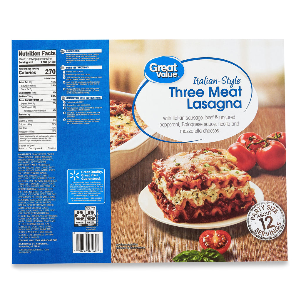 Great Value Italian-Style Three Meat Lasagna Frozen 90 Oz