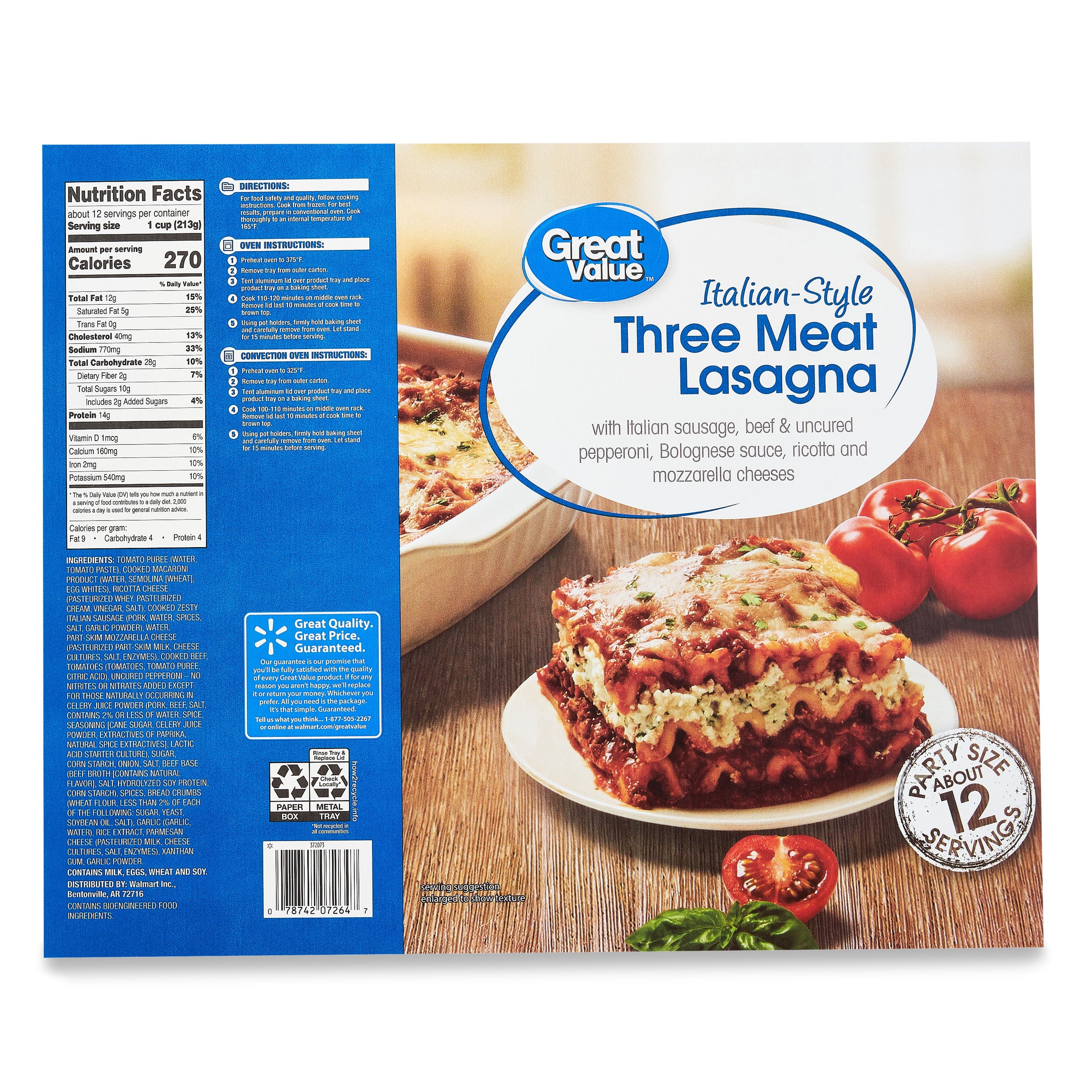 Great Value Italian-Style Three Meat Lasagna Frozen 90 Oz