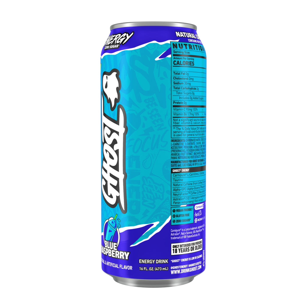 GHOST Energy Zero Sugars Energy Drink Blue Raspberry 16 fl oz Single Can