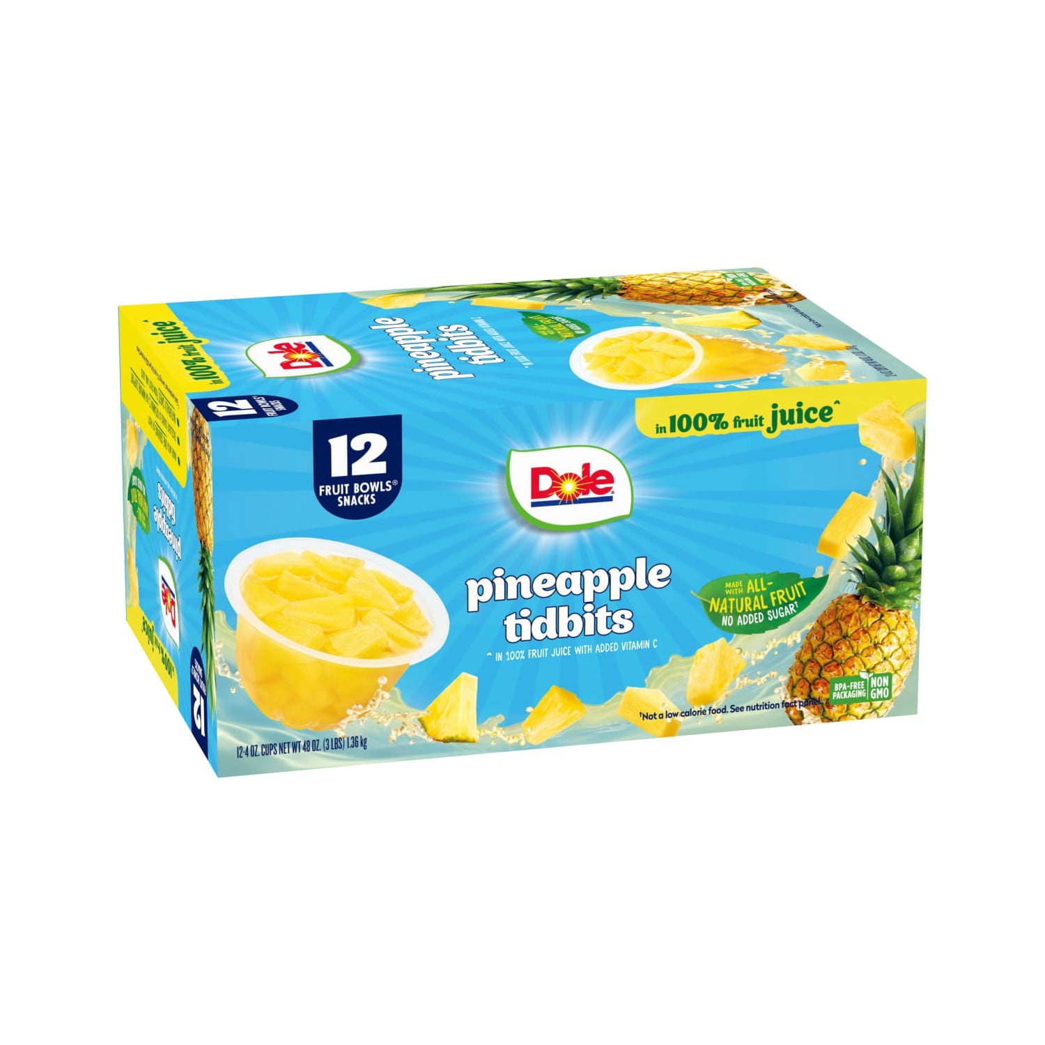 Dole Fruit Bowls Pineapple Paradise Tidbits in 100% Fruit Juice 4 oz Cups 12 Pack