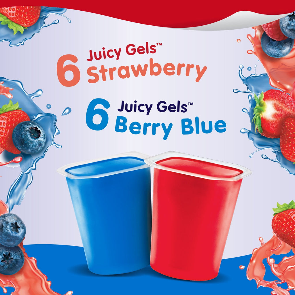 Strawberry and Berry Blue Flavored Juicy Gels 3.25 Oz 12 Count Snack Pack
