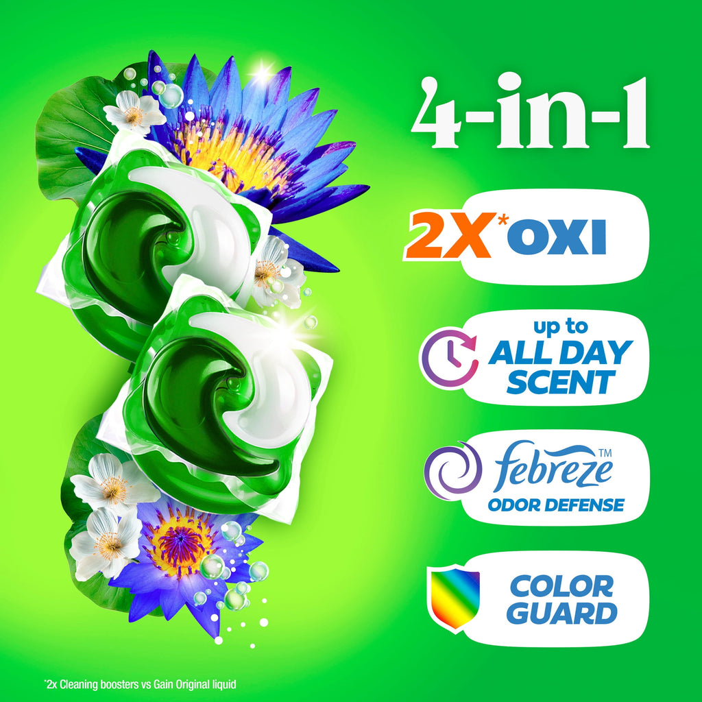 Gain Flings 4-in-1 Oxi Boost Febreze Laundry Detergent Pacs Waterfall Delight 60 Count
