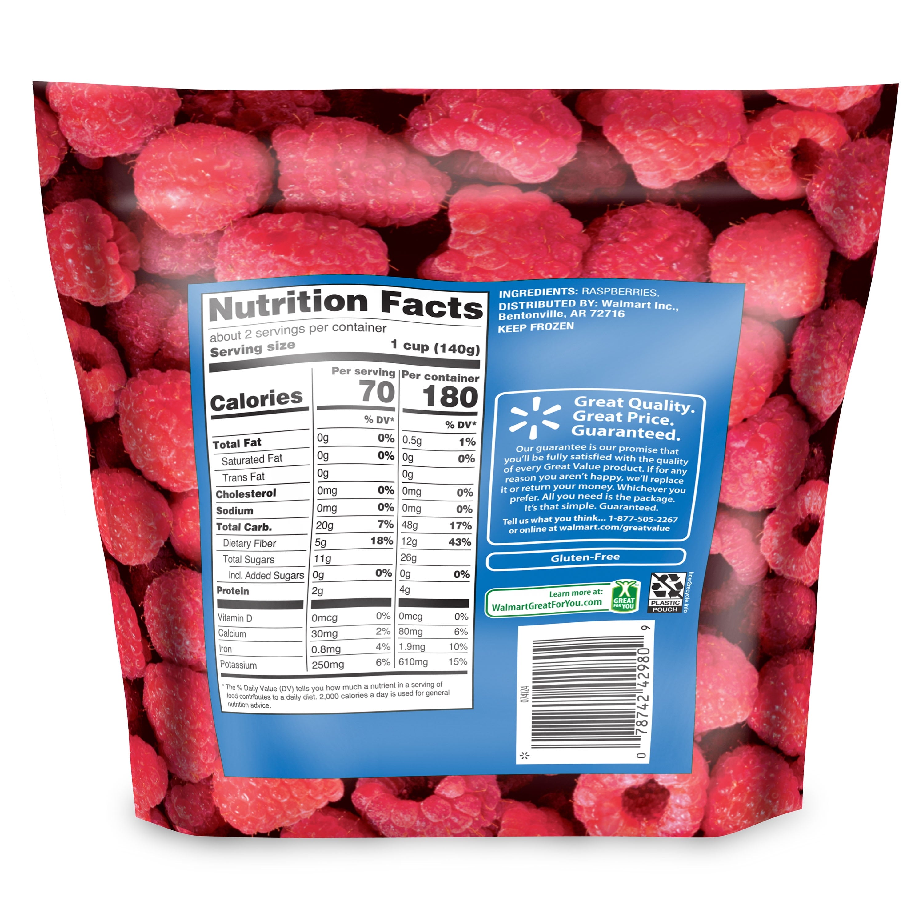 Great Value Whole Red Raspberries Frozen 12 Oz