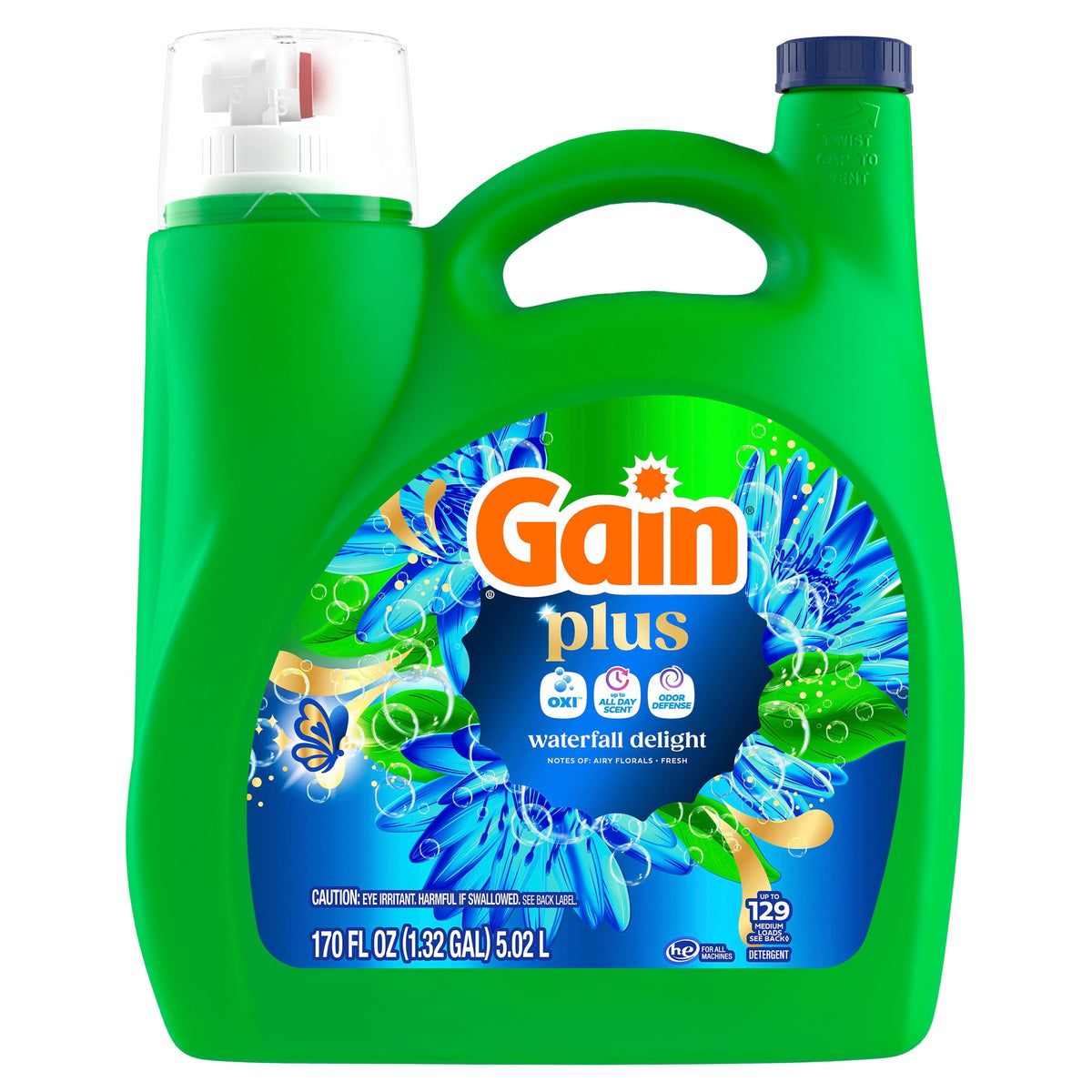 Gain Plus Liquid Laundry Detergent Odor Defense + OXI Waterfall Delight Scent 170 fl oz 129 Loads