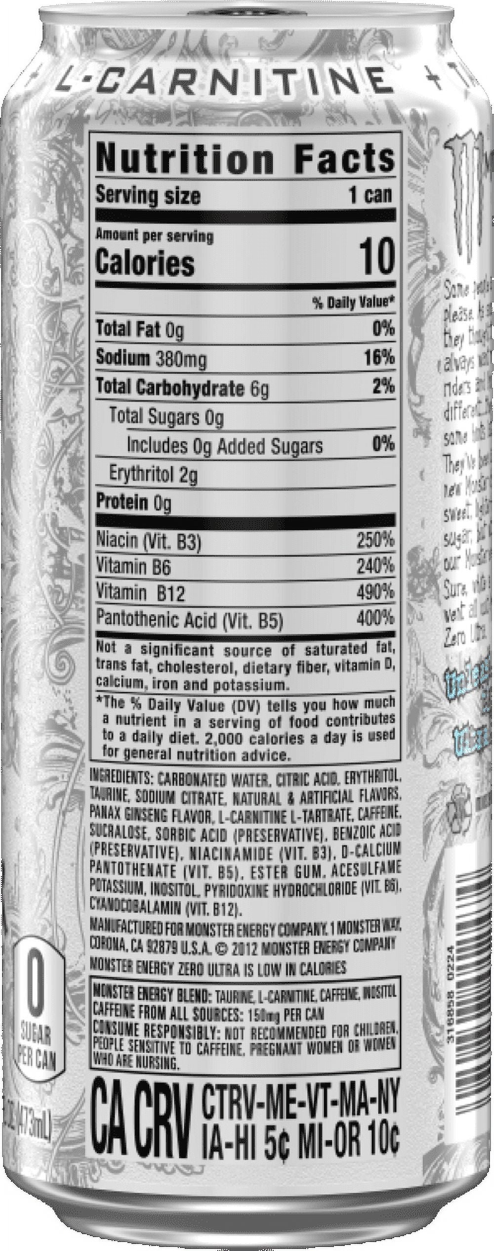 Monster Energy Zero Ultra Sugar Free Energy Drink 16 fl oz 4 Pack Cans
