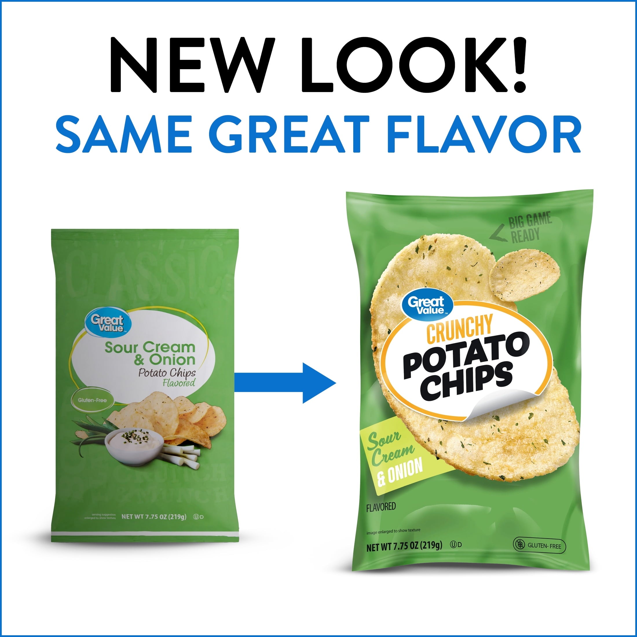 Sour Cream & Onion Flavored Potato Chips 7.75 Oz Great Value