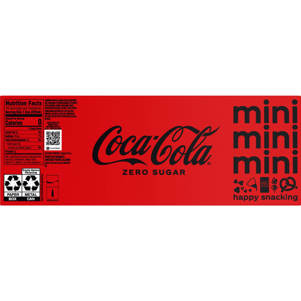 Zero Sugar Soda Pop Fridge Pack Mini Cans 7.5 Fl Oz 10 Pack Coca-Cola