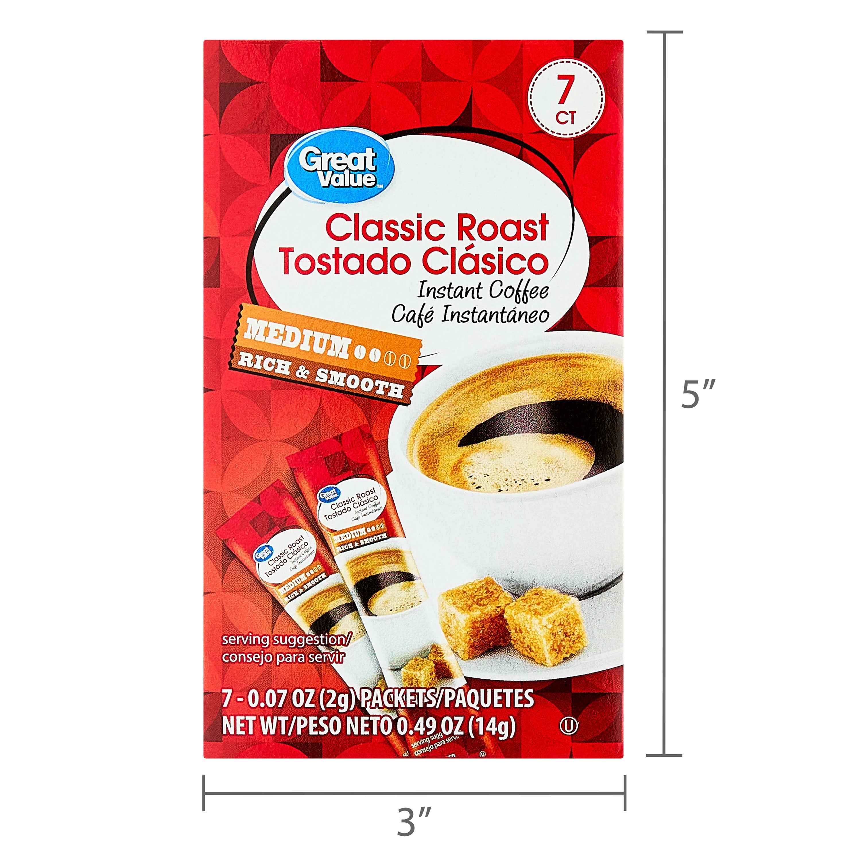 Great Value Classic Roast Naturally Caffeinated Medium Instant Coffee 0.49 oz 7 Count