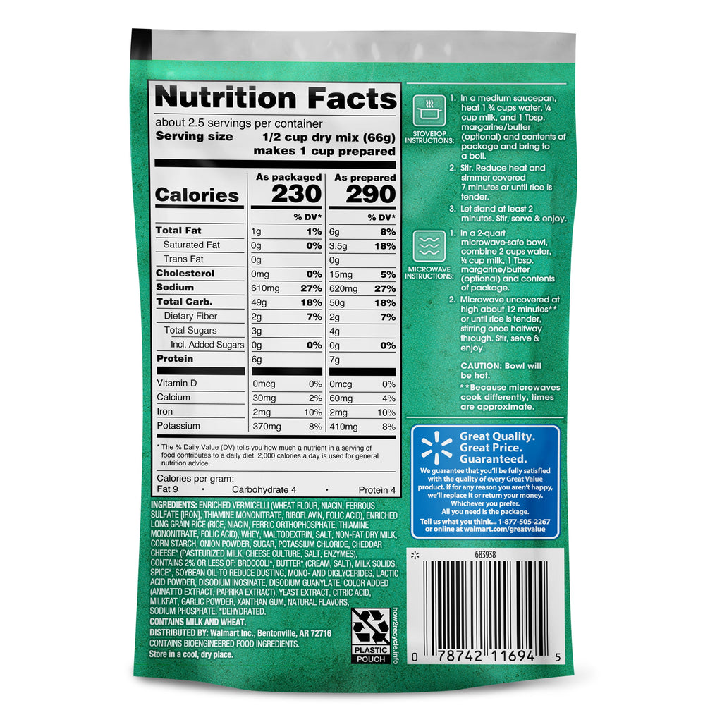 Great Value Cheddar Broccoli Rice & Sauce 5.7 Oz 4 Pack