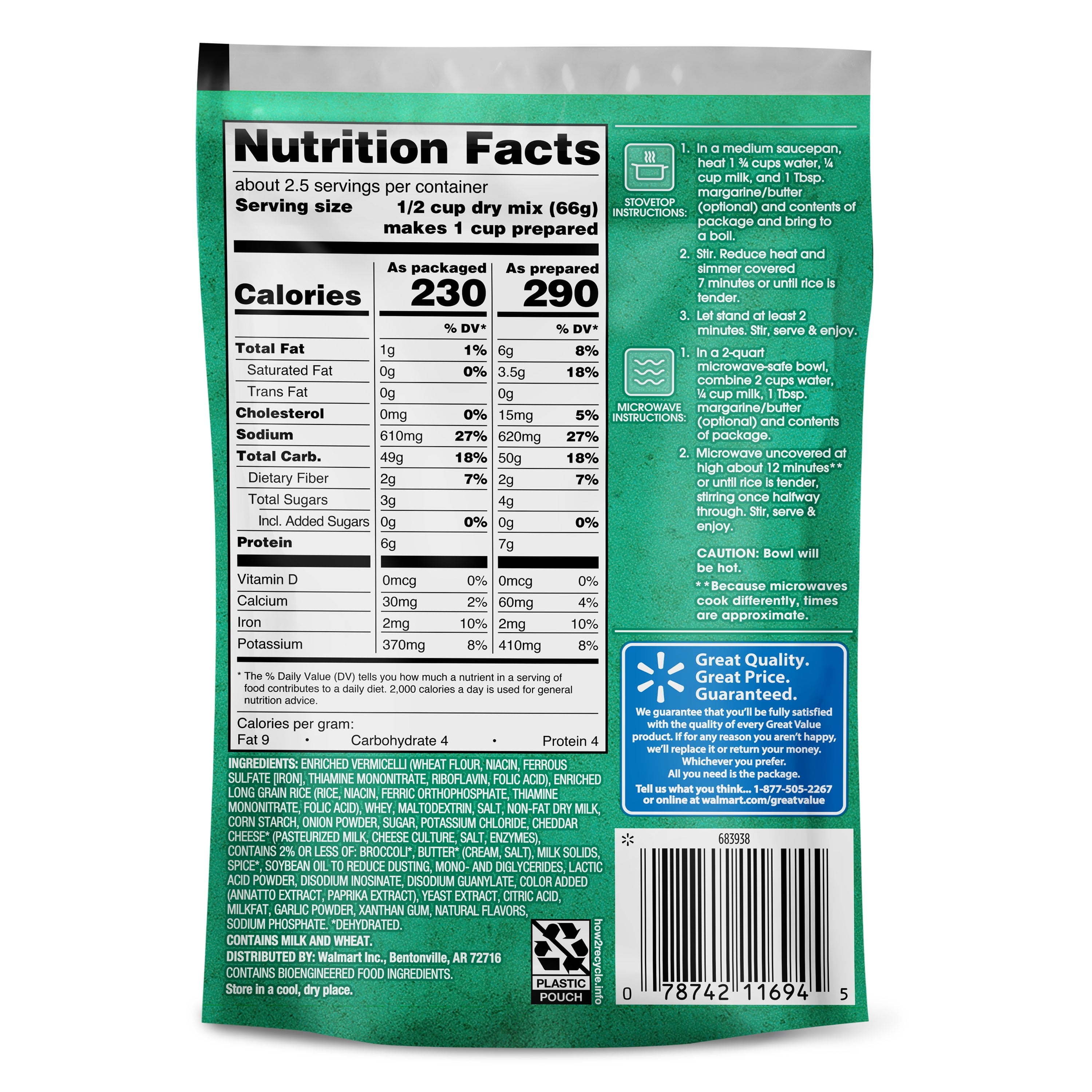 Great Value Cheddar Broccoli Rice & Sauce 5.7 Oz 4 Pack
