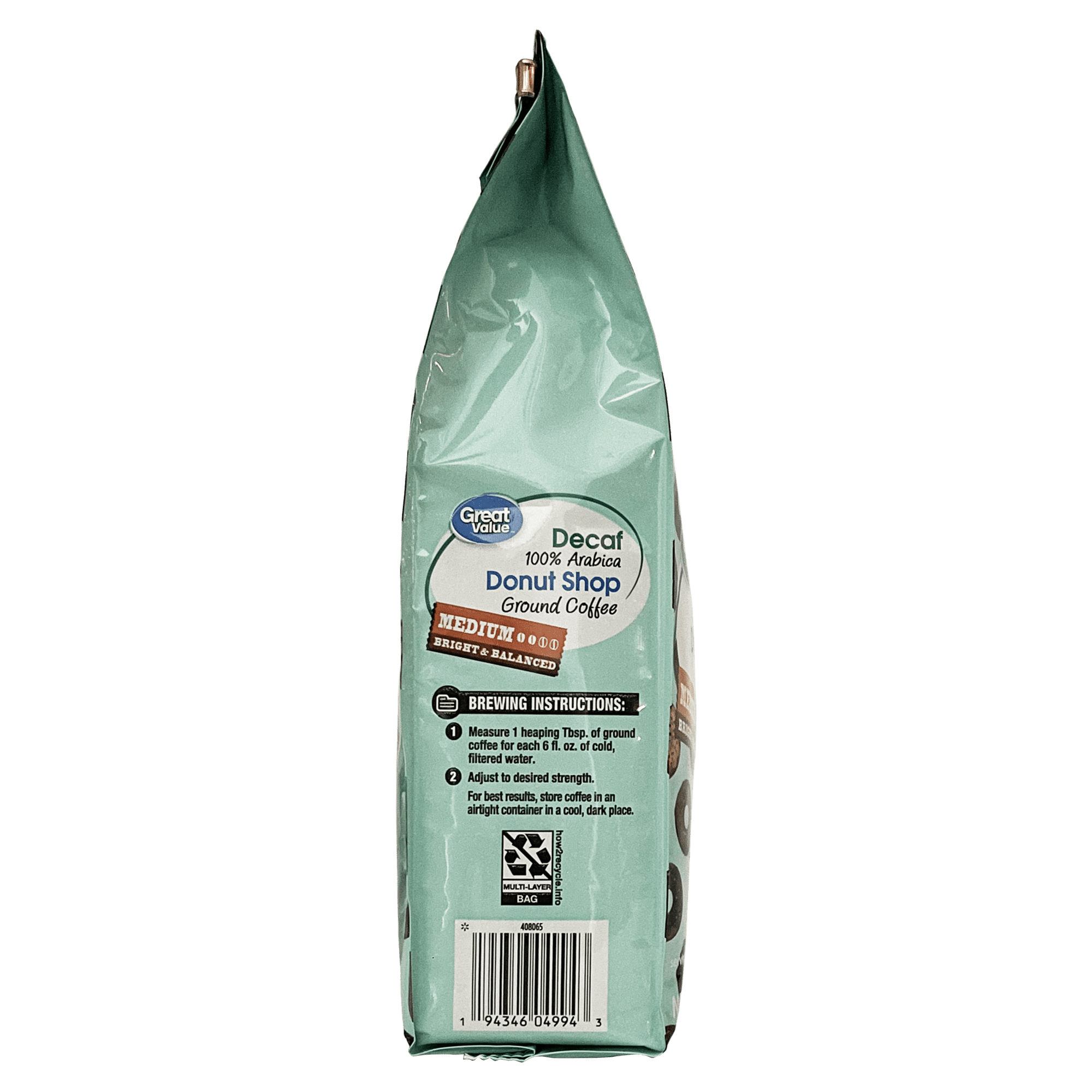Great Value Donut Shop Naturally Decaffeinated Light Roast Ground Coffee 12 oz Bag