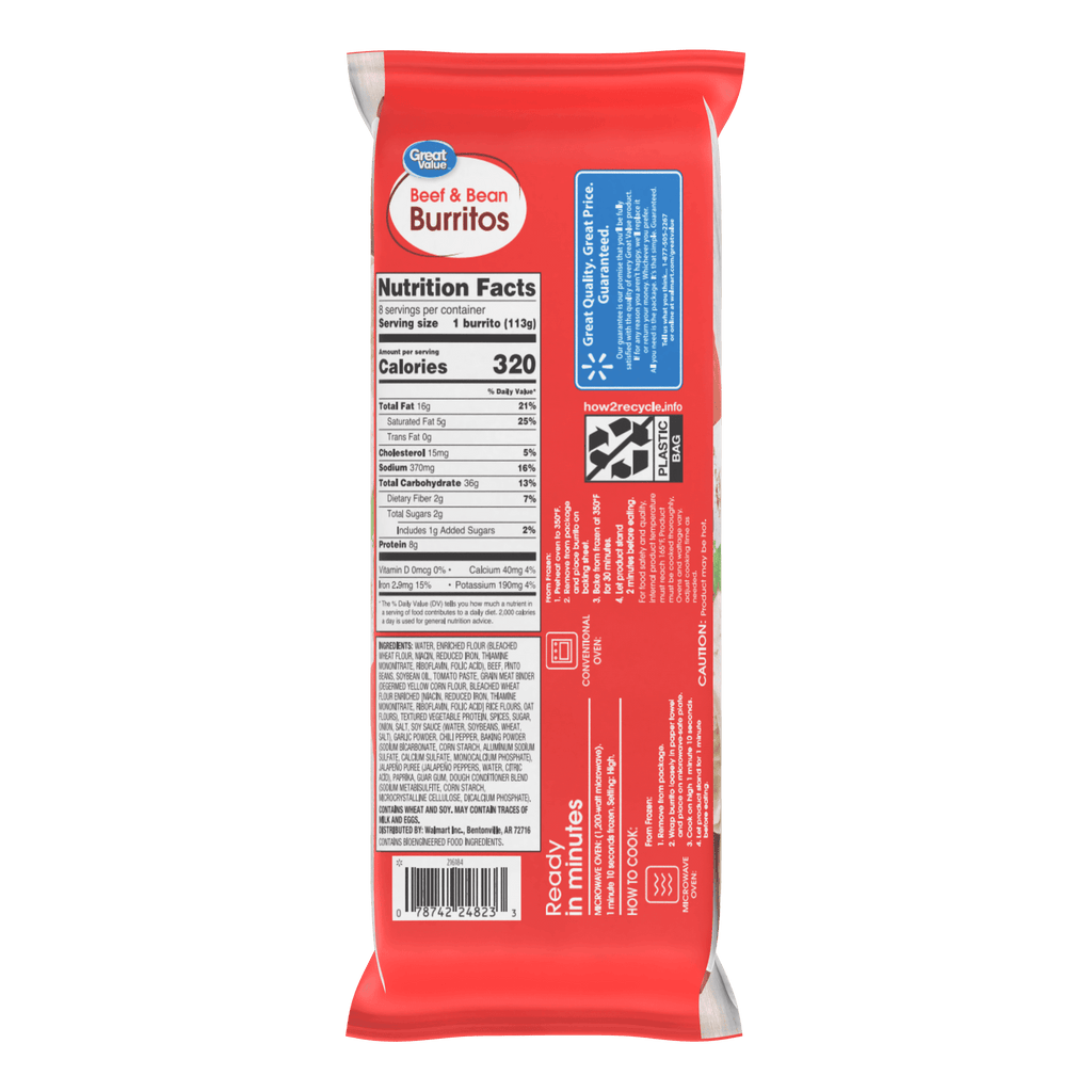 Great Value Beef & Bean Burritos Frozen 8 Count 32 Oz